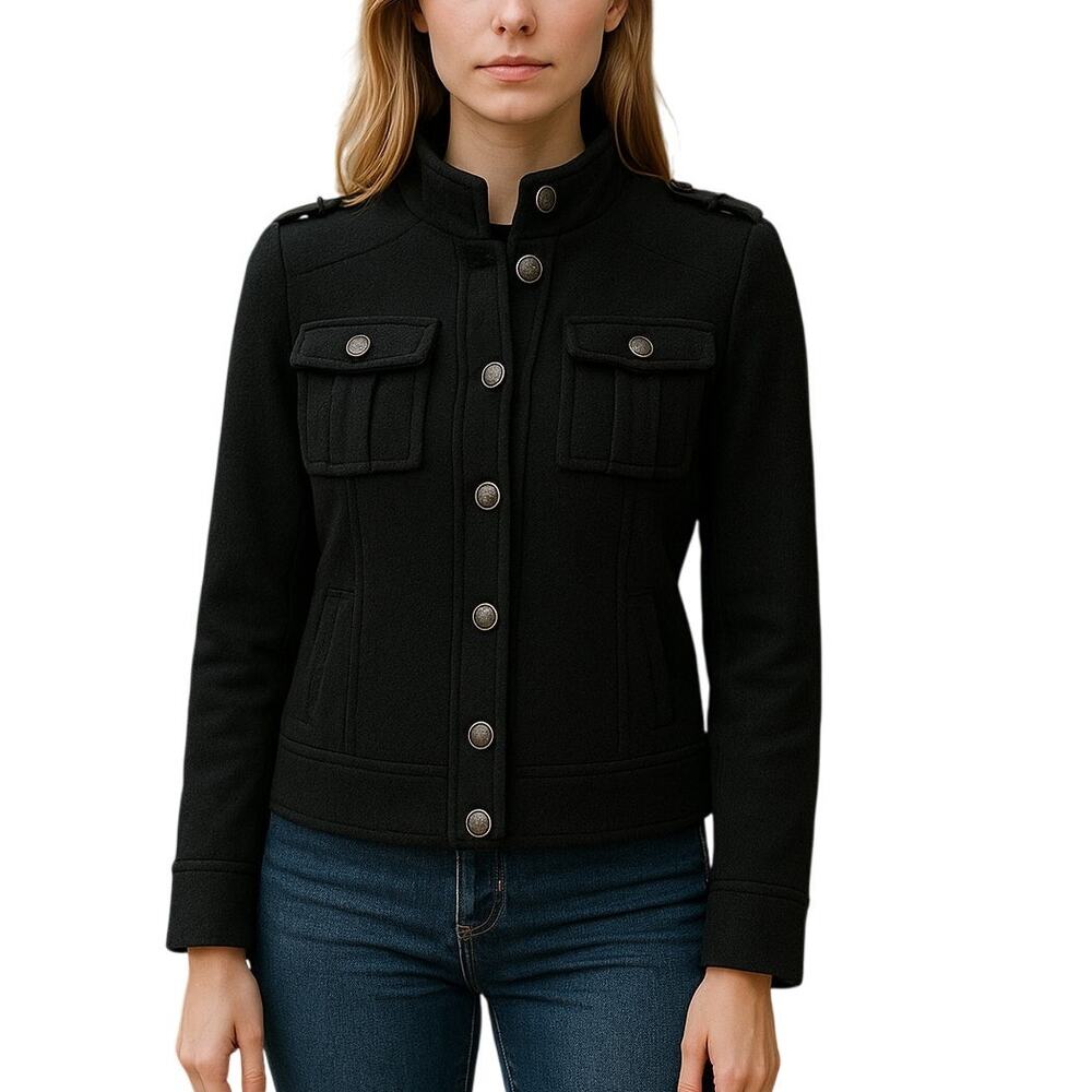 Rosette by Becool Women’s Black Fleece Jacket Small Military Style Button Front